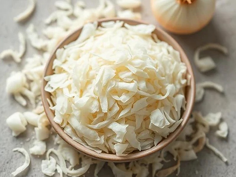 Bowl of white onion flakes beside a whole onion
