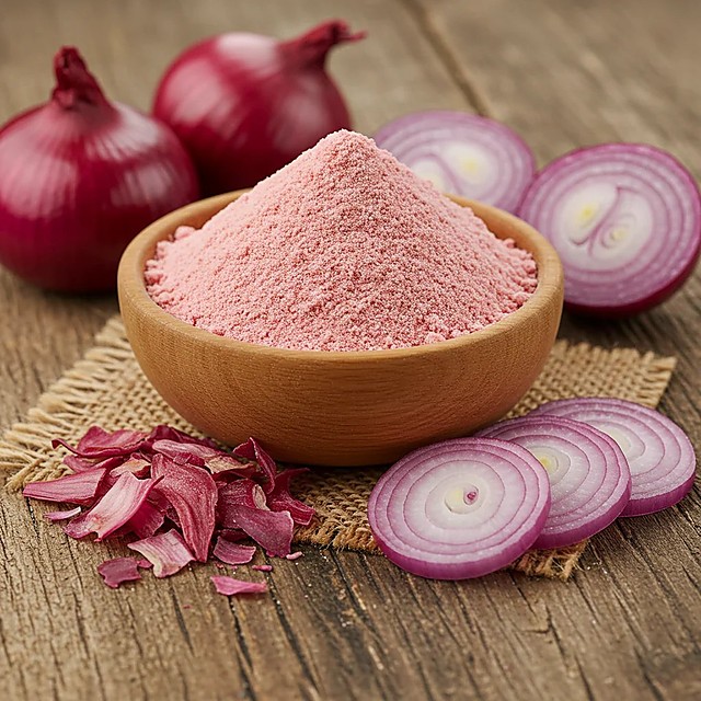 Bowl of pink onion powder with whole and halved red onions
